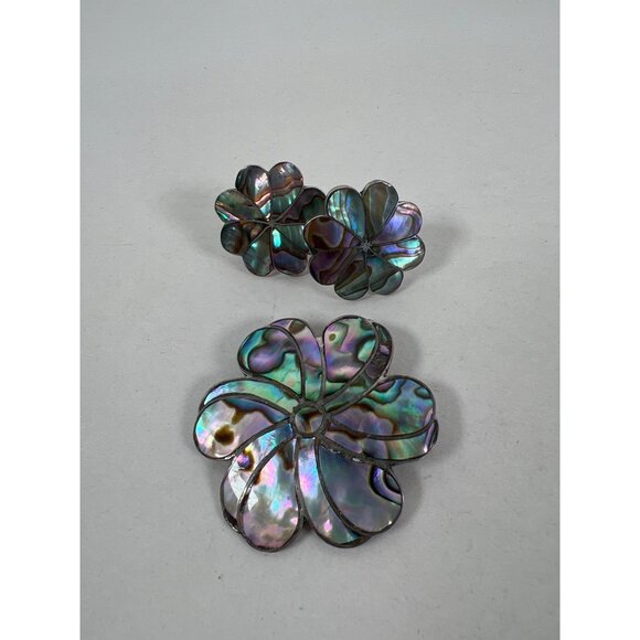 VTG Alpaca Mexico 925 Silver Abalone Floral Clip Earring & Brooch or Pendant Set - Picture 3 of 13
